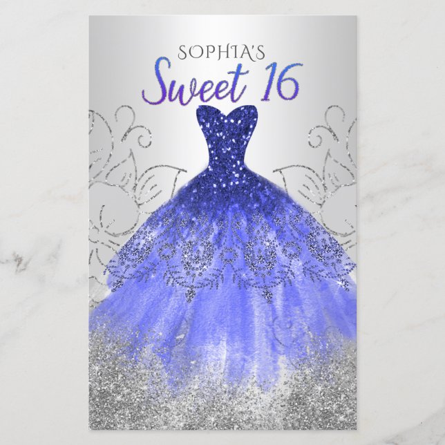 Budget Silver Royal Blue Dress Sweet 16 Invitation (Front)