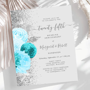 Budget Silver Teal Floral 25th Anniversary Party