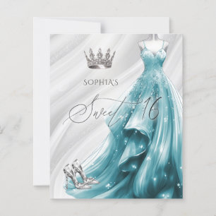Budget Silver Teal Sparkle Dress Sweet 16 Invite