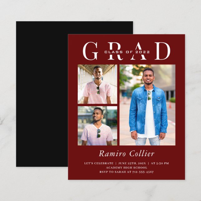 Budget Simple 3 Photo Graduation Invitations (Front/Back)