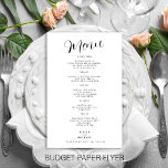 Budget simple black and white wedding menu<br><div class="desc">Simple elegant modern handwritten calligraphy script minimalist budget affordable wedding menu template paper flyer. Easy to personalize with your details! PLEASE READ THIS BEFORE PURCHASING: This is a budget affordable card printed on a FLYER (advertising type of paper suitable for folded mailings). Please note that BUDGET PAPER IS THIN -...</div>