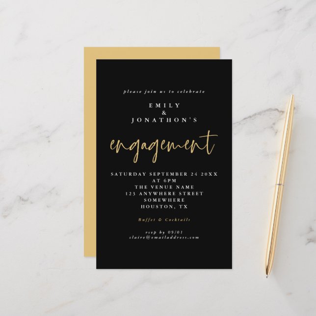 Budget Simple Black Gold Script Engagement Invite (Front/Back In Situ)