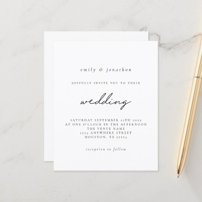 Budget Simple Black White Script Wedding Invite (Front/Back In Situ)