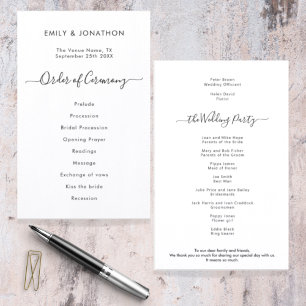 Budget Simple Black White Script Wedding Program