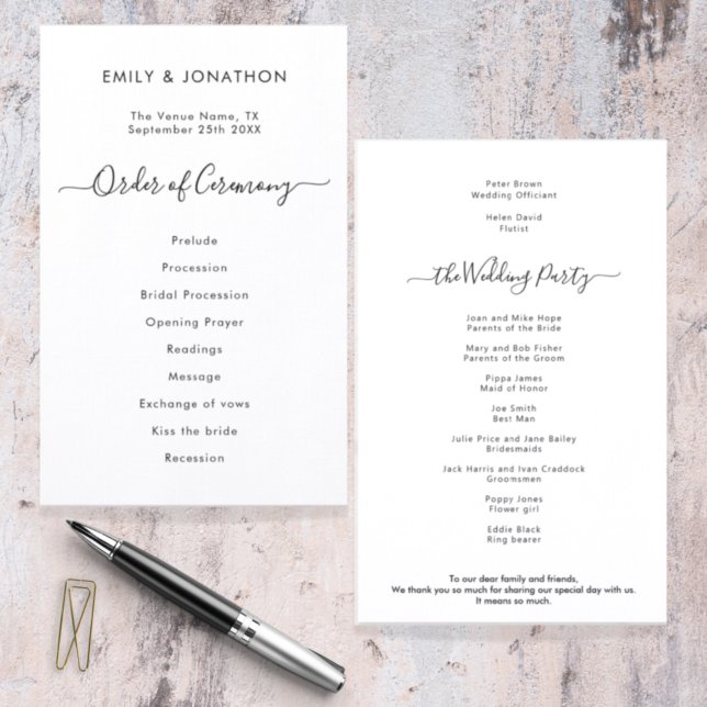 Budget Simple Black White Script Wedding Program (Creator Uploaded)