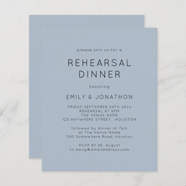 Budget Simple Blue Rehearsal Dinner Wedding Invite (Front/Back)