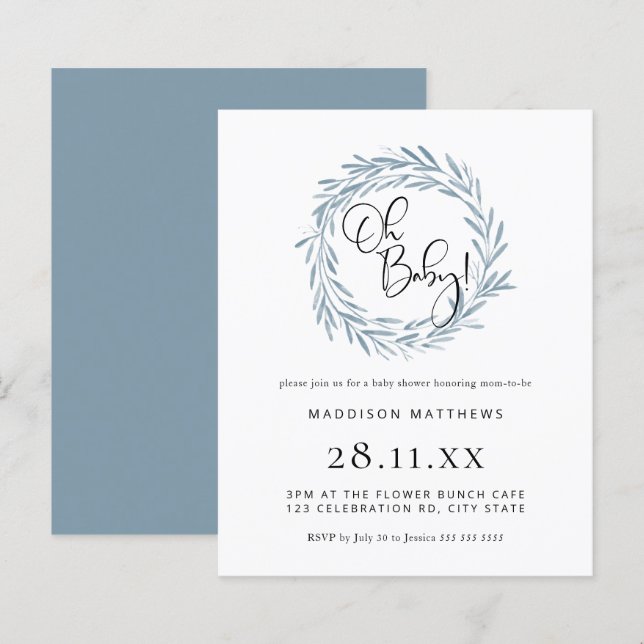 Budget Simple Blue Wreath Boy Baby Shower Invite (Front/Back)