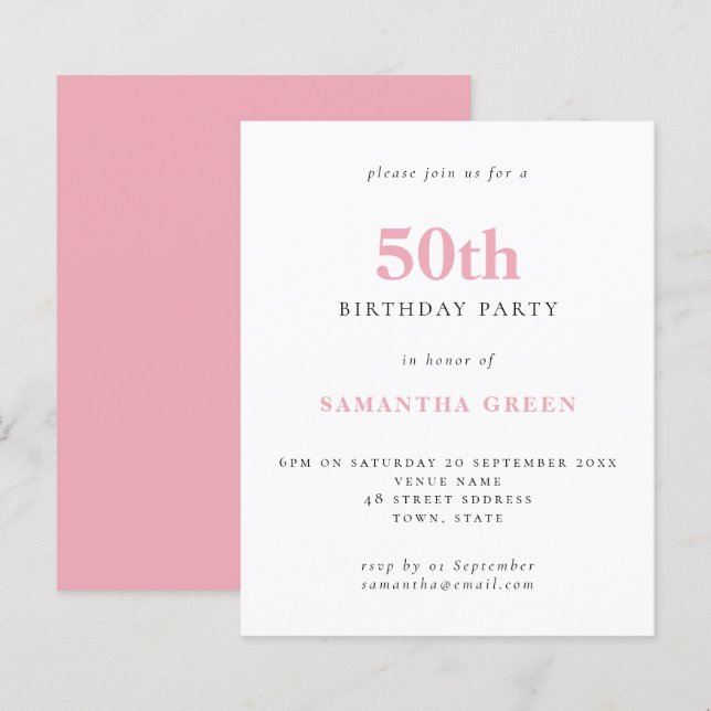 Budget Simple Blush Pink 50th Birthday Invitation (Front/Back)