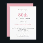 Budget Simple Blush Pink 80th Birthday Invitation<br><div class="desc">Budget Simple Text Blush Pink 80th Birthday Invitation. A value for money smaller 4.5 x 5.6 inch alternative defaulted to the semi gloss option which is recommended for invitations and is a similar thickness to a postcard. The satin option is much thinner paper. The font colour and type can be...</div>