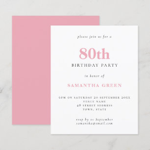 Budget Simple Blush Pink 80th Birthday Invitation