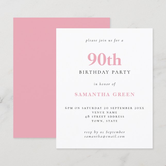 Budget Simple Blush Pink 90th Birthday Invitation (Front/Back)