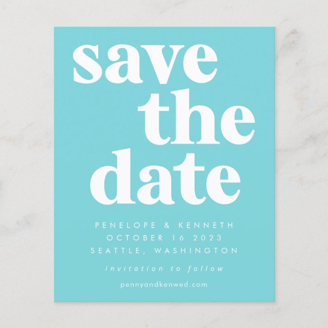 Budget Simple Bold Aqua Blue Save The Date Card (Front)