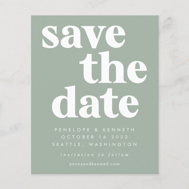 Budget Simple Bold Sage Green Save The Date Card (Front)