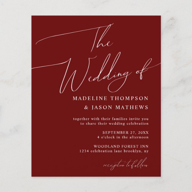 BUDGET Simple Burgundy Red Script The Wedding (Front)