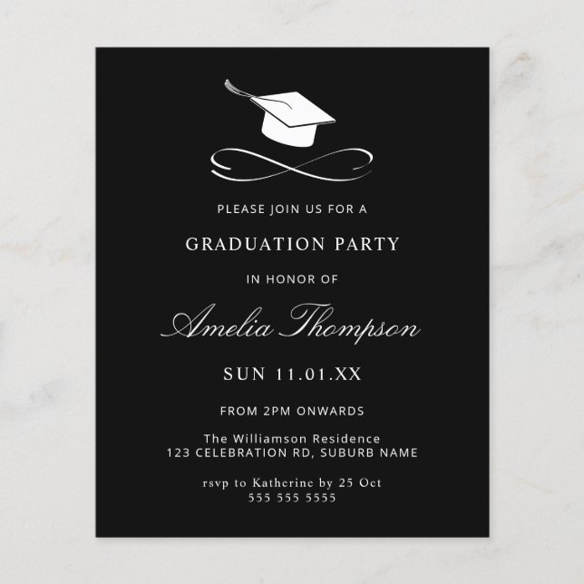 Budget Simple Elegant Black and White Graduation  (Front)