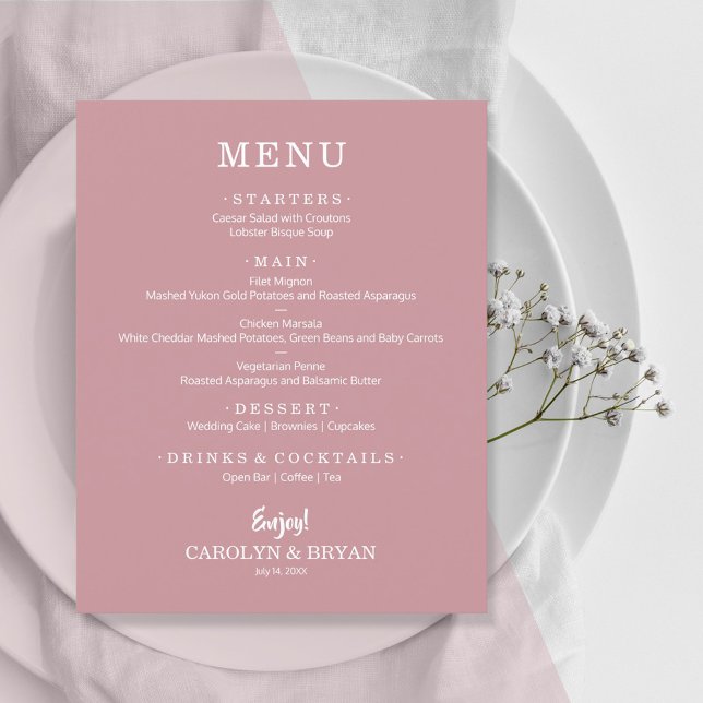 Budget Simple Elegant Dusty Rose Wedding Menu (Creator Uploaded)