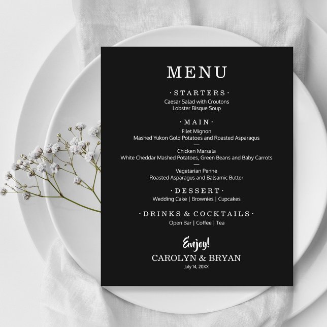 Budget Simple Élégant Mariage noir menu dîner (Créateur téléchargé)