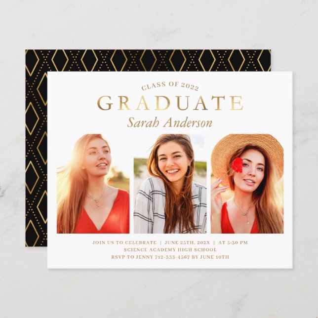 Budget Simple Gold 3 Photo Graduation Invitation (Front/Back)