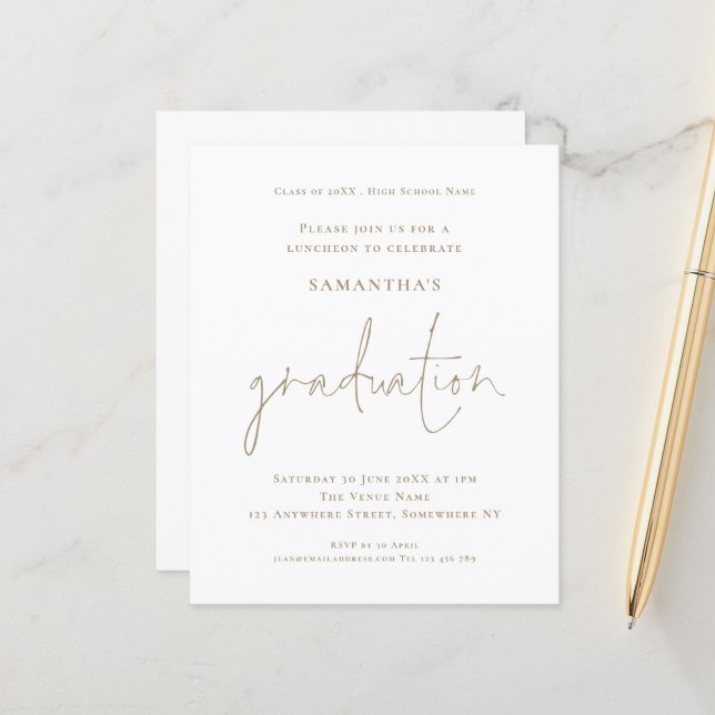 Budget Simple Gold White Grad Luncheon Invitation (Front/Back In Situ)