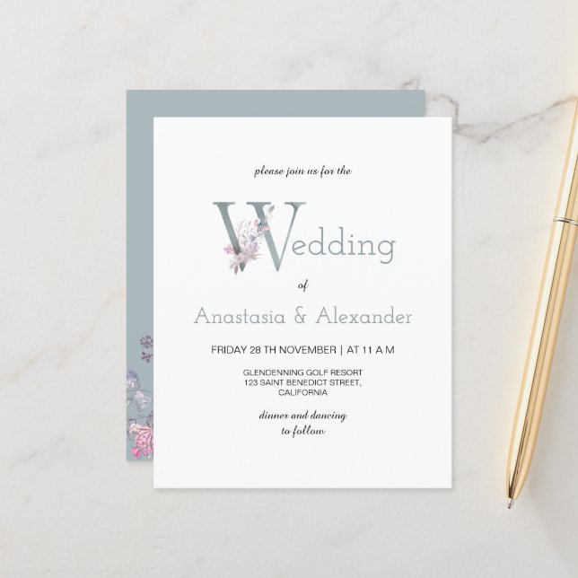 Budget/Simple & Greenery/Wedding Invitation. (Front/Back In Situ)