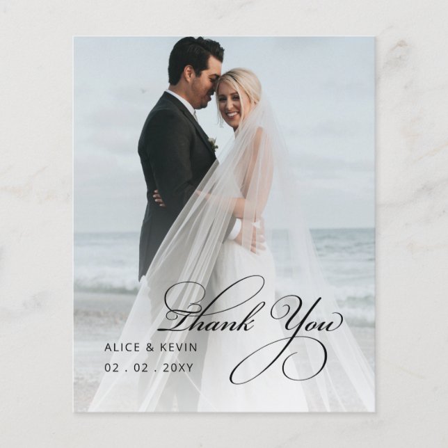 Budget Simple Handwritten Photo Wedding Thank You  (Front)