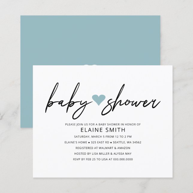 Budget Simple Heart Blue Baby Shower Invitation (Front/Back)