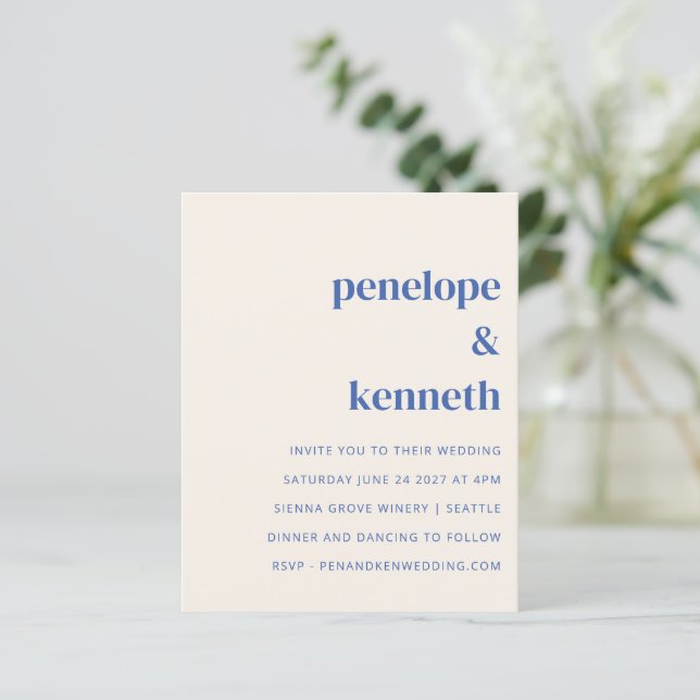 Budget Simple Ivory Blue Wedding Invitation (Standing Front)