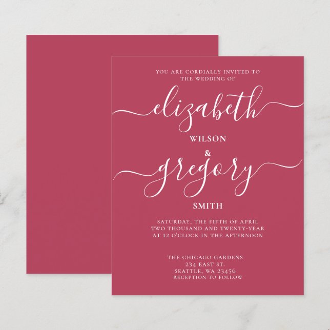Budget Simple Magenta Modern Wedding Invitation (Front/Back)