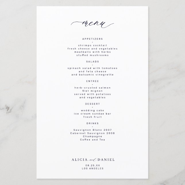 Budget simple marine foncé typographie menu mariag (Devant)