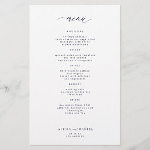 Budget simple midnight navy white wedding menu