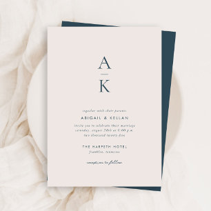 Budget Simple Modern Navy Blue Monogram Wedding Invitation