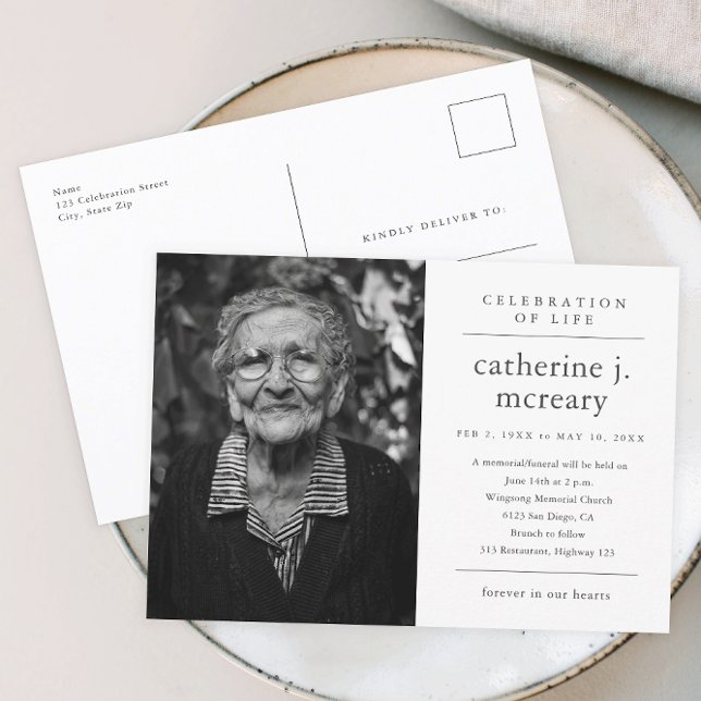 Budget Simple Photo Memorial Funeral Invitation Postcard (Simple typography black and white memorial celebration of life invitation postcard.)