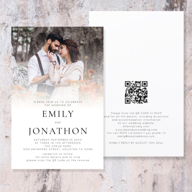 Budget Simple Photo QR Code Wedding Invite (Front and back view. Part of a large wedding collection of matching stationery and accessories)