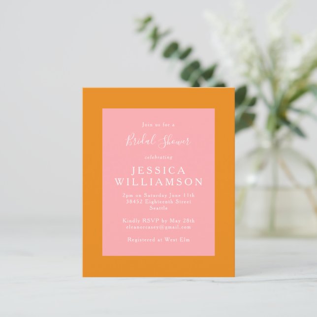 Budget Simple Pink Orange Bridal Shower Invite (Standing Front)