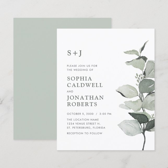 Budget Simple Sage Eucalyptus Wedding Invite (Front/Back)