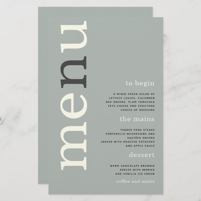 BUDGET Simple Sage Ivory Typography Wedding Menu (Front/Back)