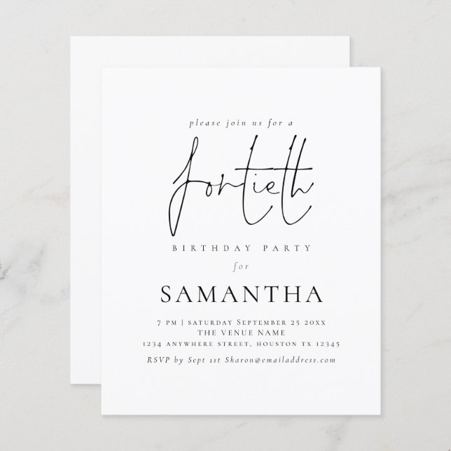 Budget Simple Script 40th Birthday Party Invite (Front/Back)