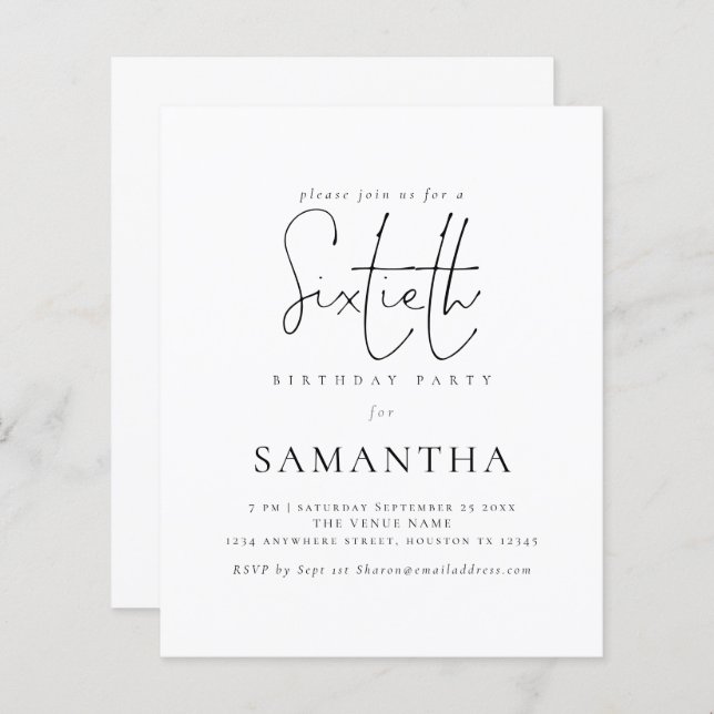 Budget Simple Script 60th Birthday Party Invite (Front/Back)