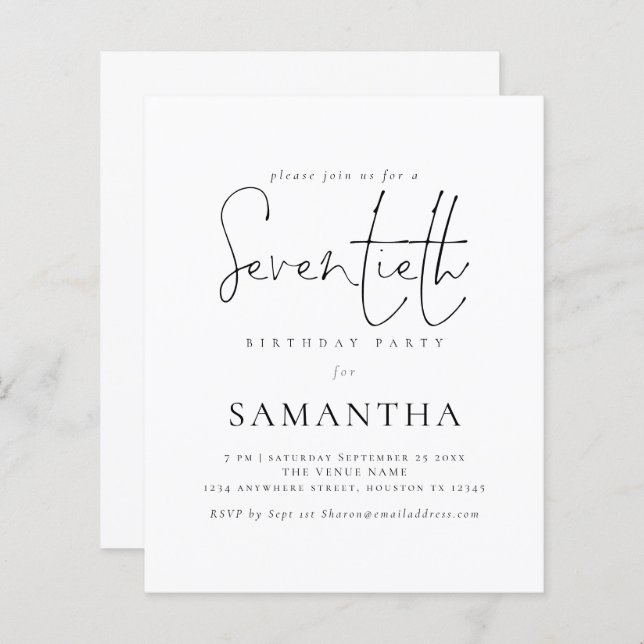 Budget Simple Script 70th Birthday Party Invite (Front/Back)