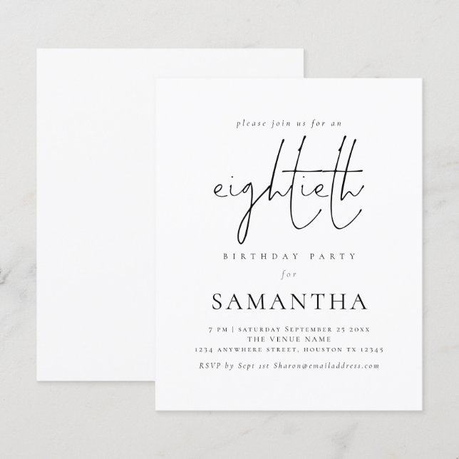 Budget Simple Script 80th Birthday Party Invite (Front/Back)