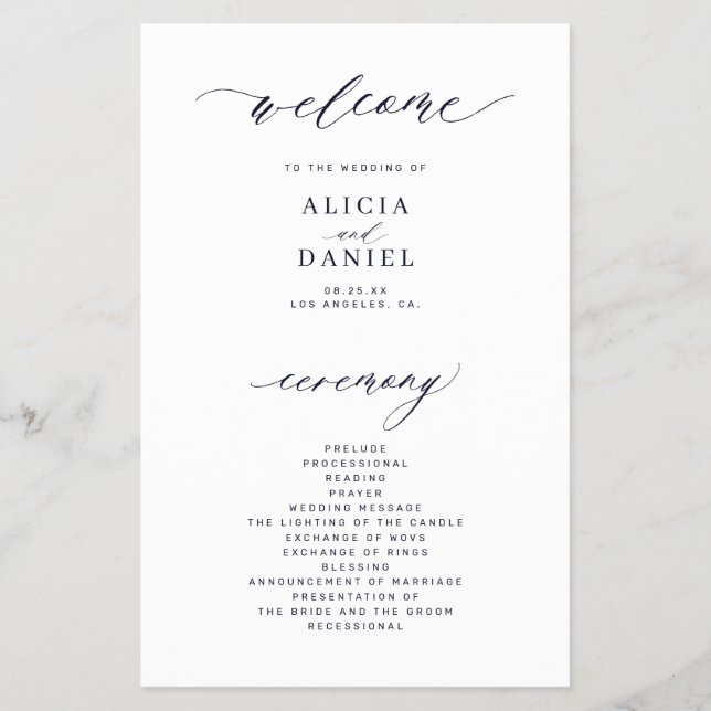 Budget simple script dark navy wedding program (Front)