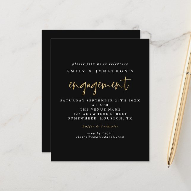 Budget Simple Script Gold Black Engagement Invite (Front/Back In Situ)