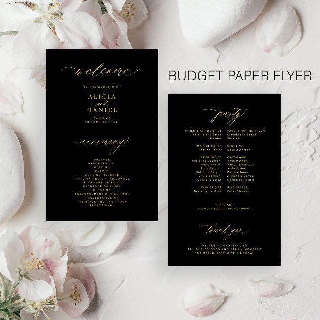 Budget simple script gold black wedding program (Creator Uploaded)