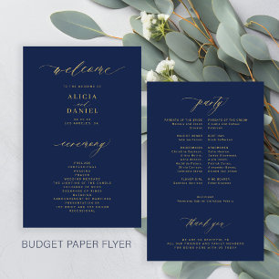 Budget simple script gold navy wedding program