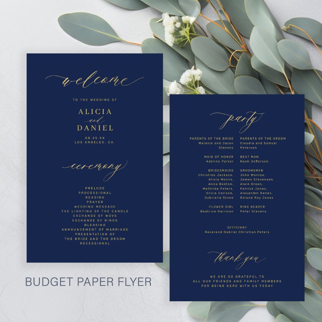 Budget simple script gold navy wedding program (Creator Uploaded)