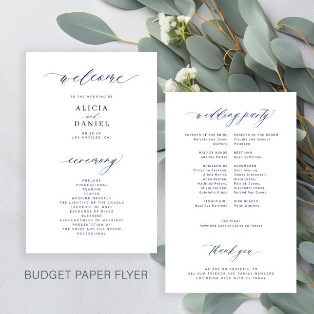 Budget simple script navy white wedding program (Creator Uploaded)