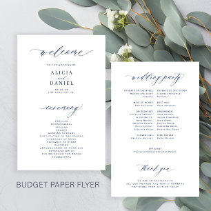 Budget simple script navy white wedding program