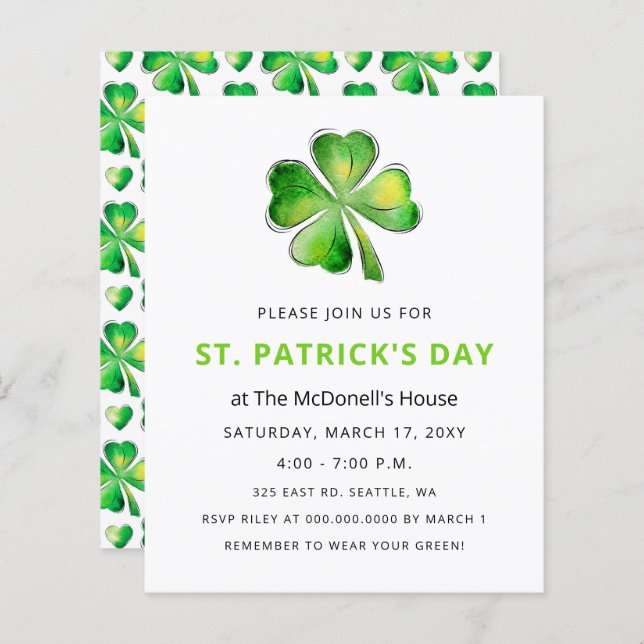 Budget Simple Shamrock St Patricks Day Invitation (Front/Back)