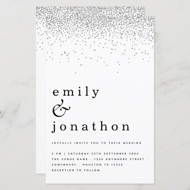 Budget Simple Silver Glitter Wedding Invitation (Front/Back)