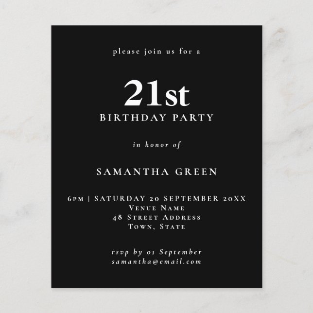 Budget Simple Text Black 21st Birthday Invitation (Front)